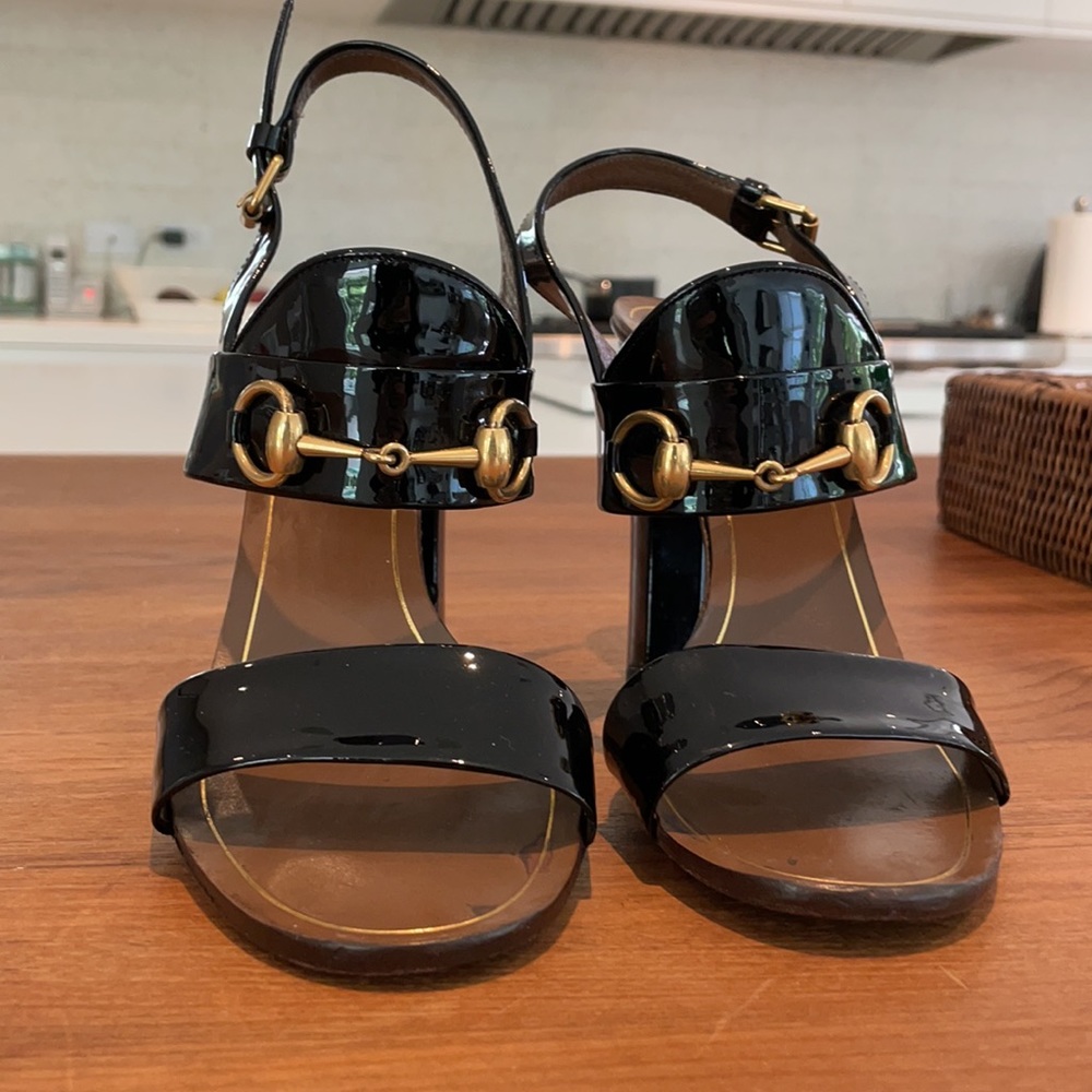 Black Patent Gucci Horsebit Sandal Block Heel